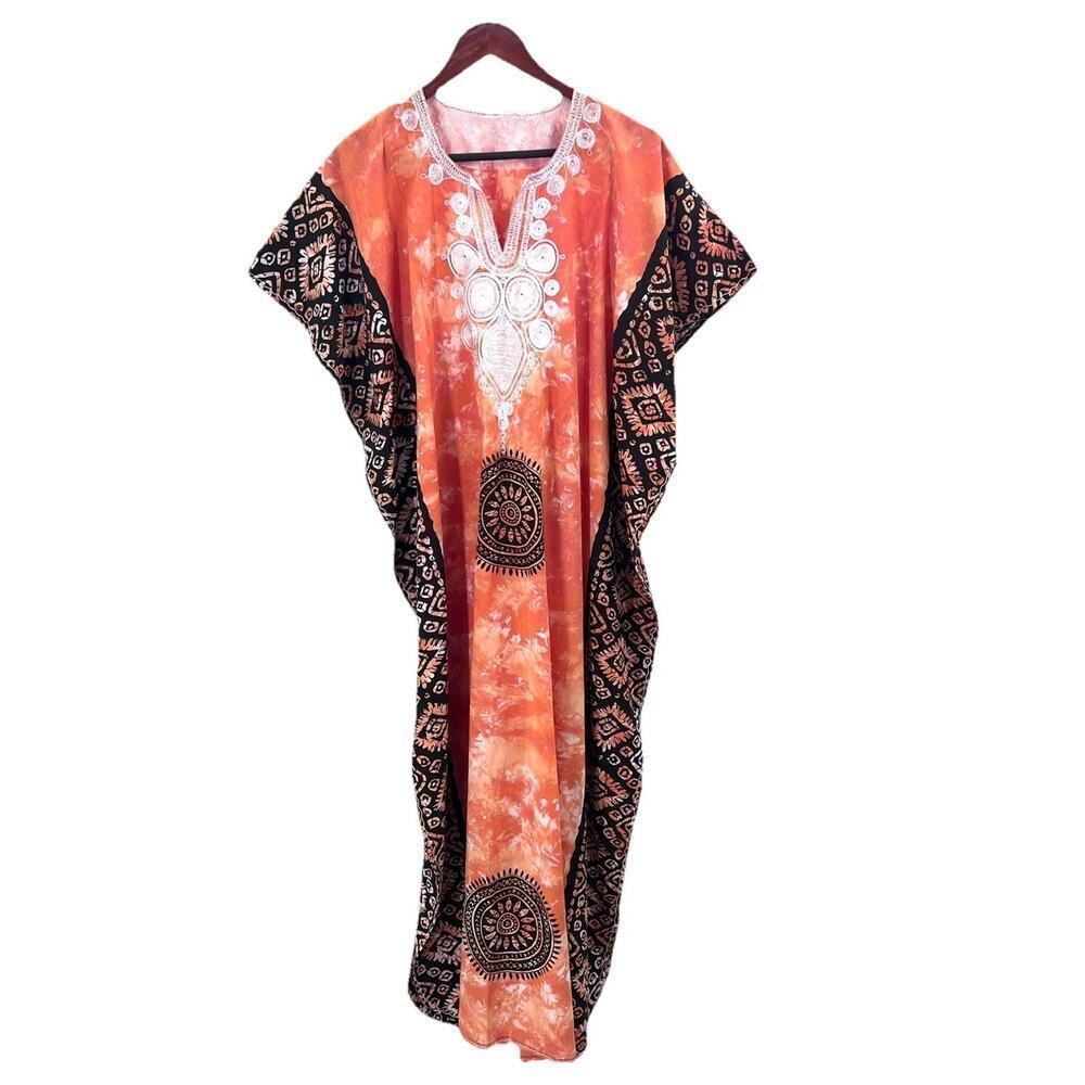 Vintage Handmade Boho Tie Dye Embroidered Mumu Kaftan Dress One Size